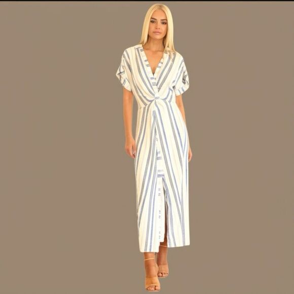 Club Monaco Knot Front Button  Front Short Sleeve Blue & White Striped Maxi Dres - Picture 1 of 7